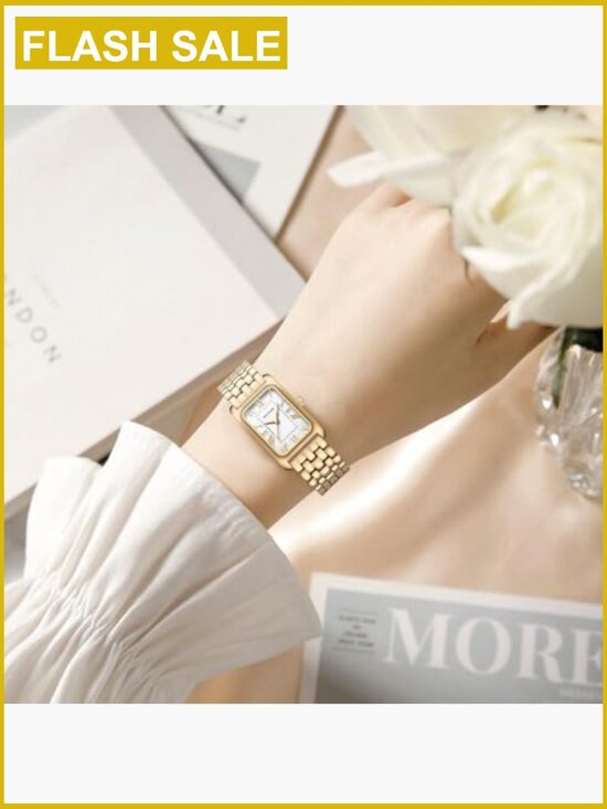 Gold Rectangular Bracelet Watch Quartz Water Resistant with Strap Tool